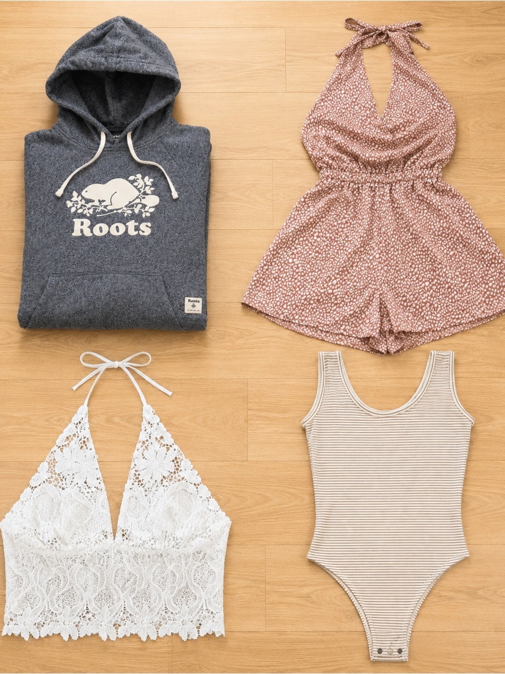 Women’s 4-Piece Clothing Bundle Roots Hoodie Tops Romper